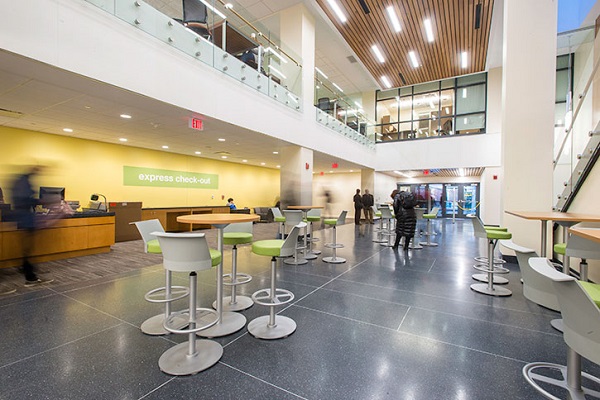 The newly renovated Fenwick Library featuring a research commons, a 24-hour cafe, and designated graduate study spaces. Photo by: Ron Aira/Creative Services/George Mason University